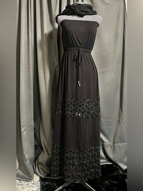 Calvin Klein Black Strapless Maxi Dress with Crochet Panels